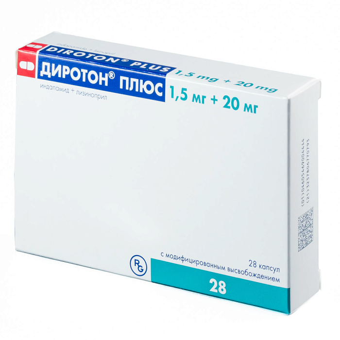 Диротон Плюс, капсулы с модифицированным высвобождением 1.5 мг+20 мг, 28 шт. 
