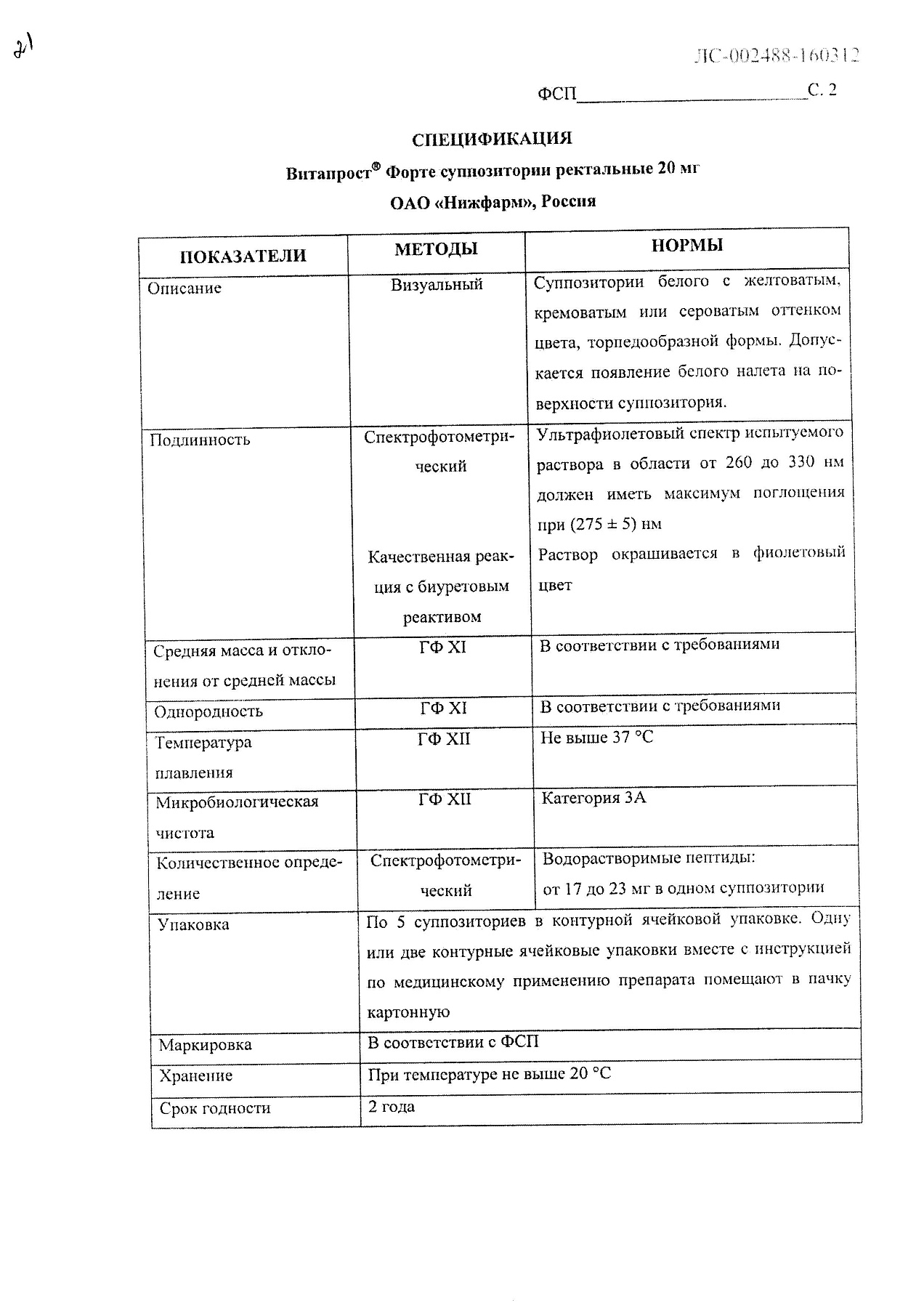 Сертификат на Витапрост Форте, суппозитории ректальные 20 мг, 10 шт.