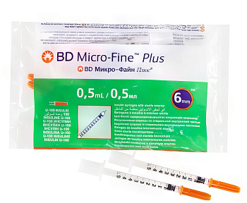 Шприц инсулин Микро-Файн+ U100 с иглой 31G 0,25 х 6 мм 0,5 мл, 10 шт.
