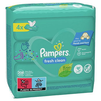 Pampers Fresh clean, влажные салфетки детские, 4 упаковки, 52 шт.