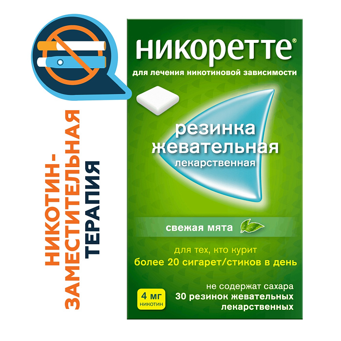 Никоретте, резинка жевательная 4 мг (свежая мята), 30 шт. 