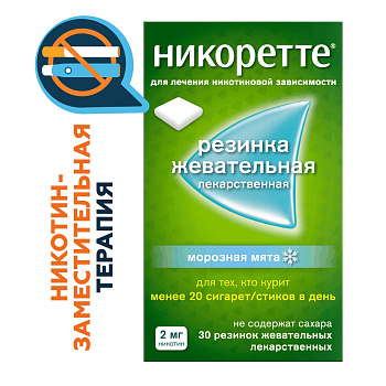 Никоретте, резинка жевательная 2 мг (морозная мята), 30 шт. 