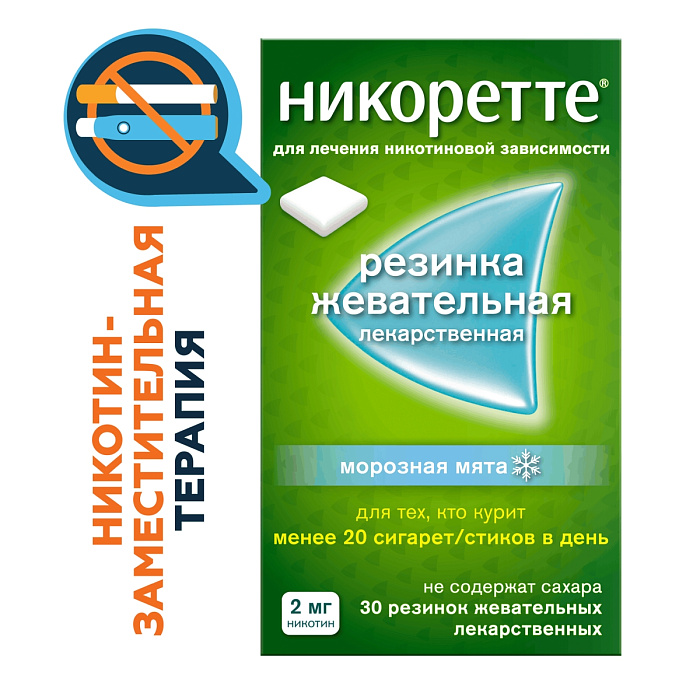 Никоретте, резинка жевательная 2 мг (морозная мята), 30 шт. 