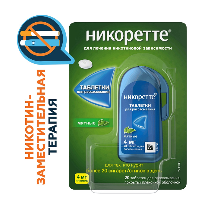 Никоретте, таблетки для рассасывания покрытые пленочной оболочкой мятные 4 мг, флакон, 20 шт. 