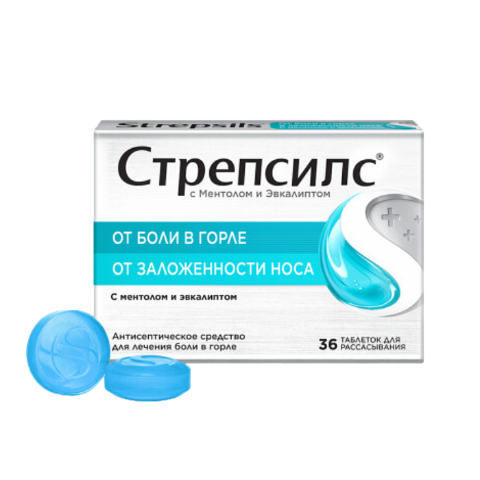 Стрепсилс, таблетки для рассасывания (ментол-эвкалипт), 36 шт. 