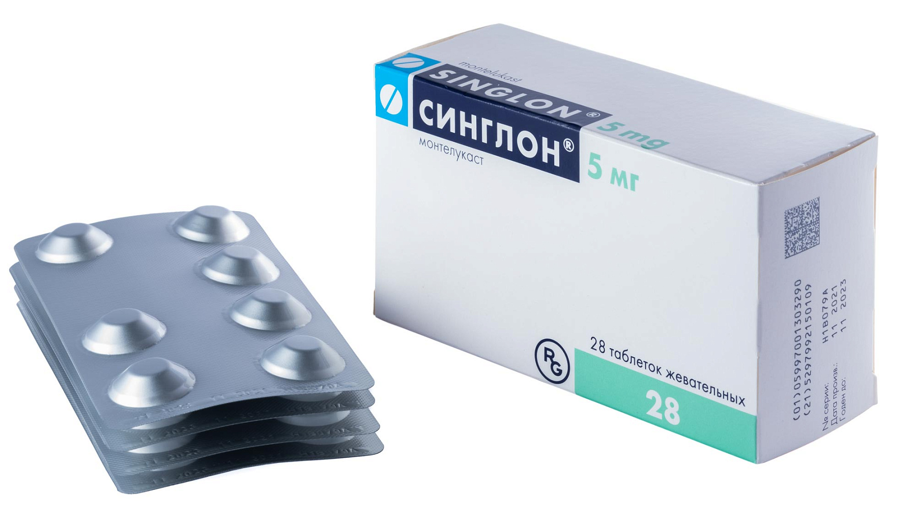Упаковка препарата Синглон, таблетки жевательные 5 мг, 28 шт.
