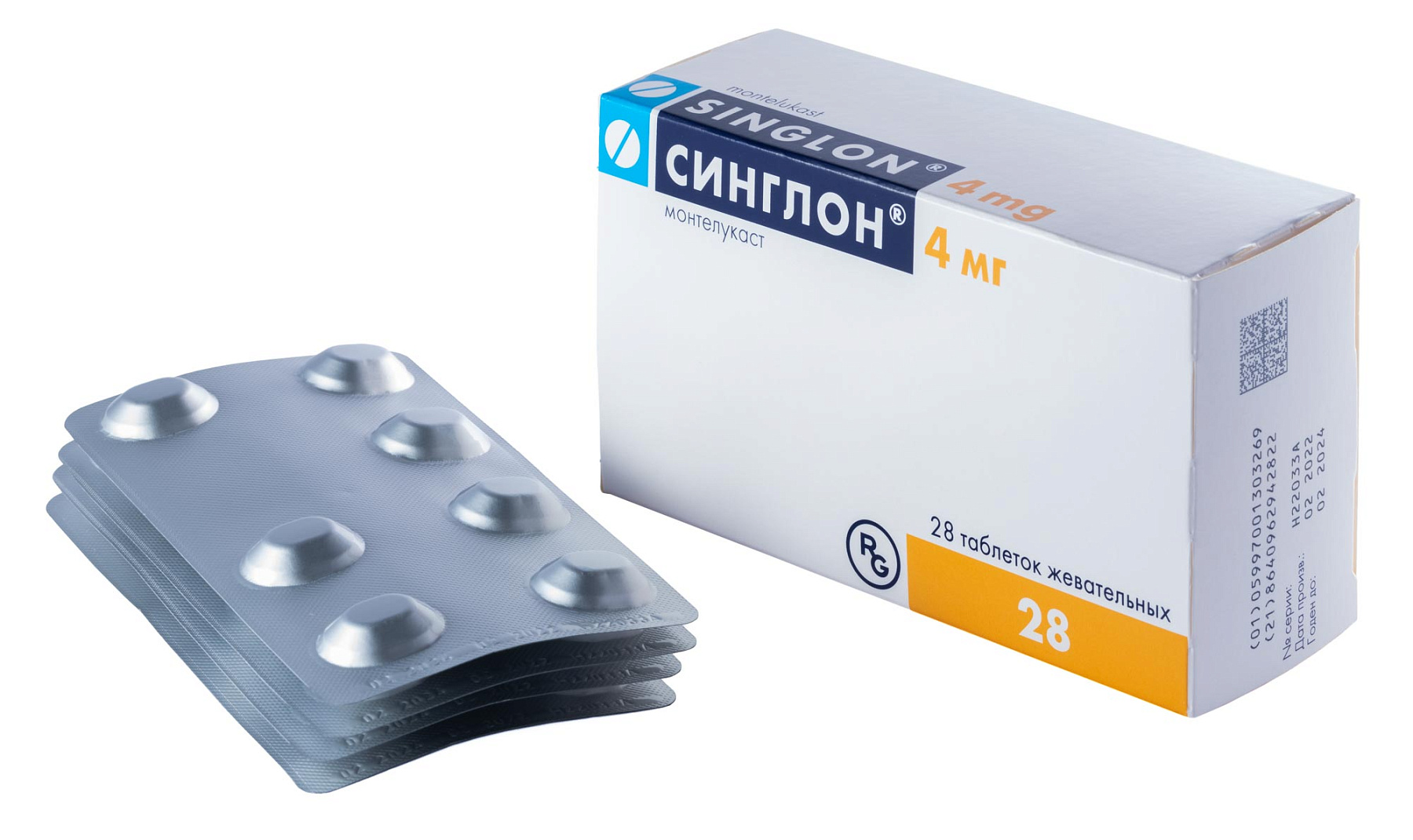 Упаковка препарата Синглон, таблетки жевательные 4 мг, 28 шт.