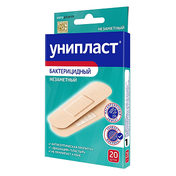 Унипласт, лейкопластырь бактерицидный незаметный 1.9 см х 7.2 см, 20 шт.