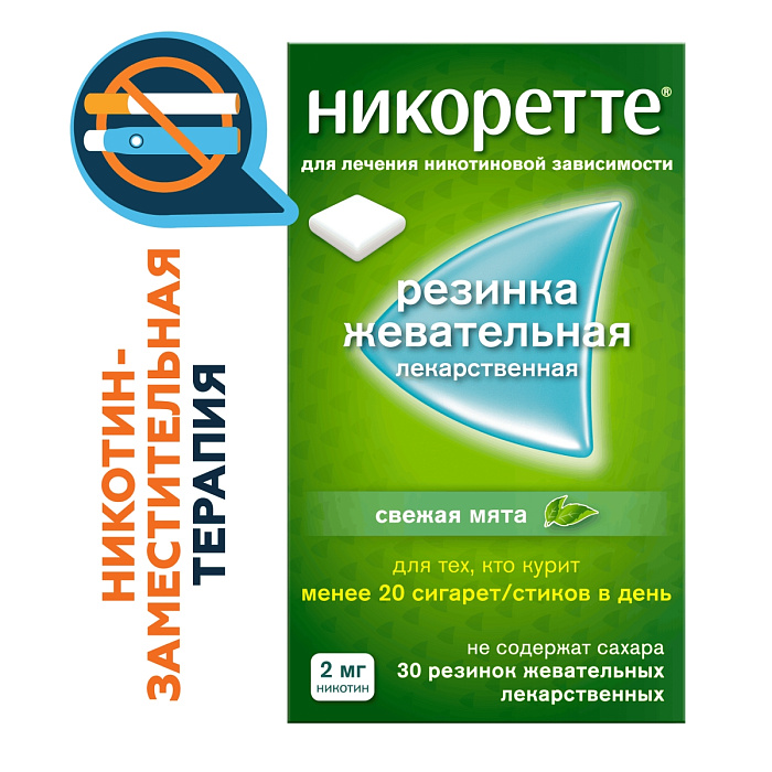 Никоретте, резинка жевательная 2 мг (свежая мята), 30 шт. 