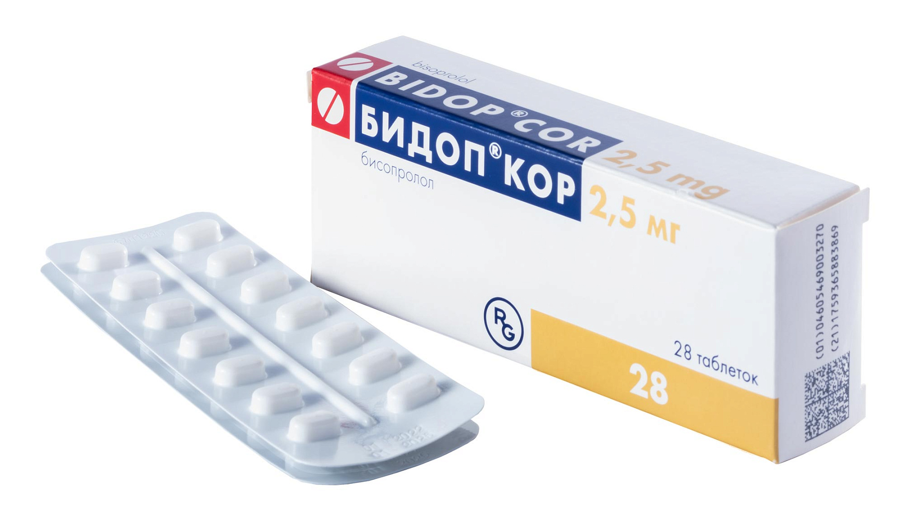 Упаковка препарата Бидоп Кор, таблетки 2,5 мг, 28 шт.