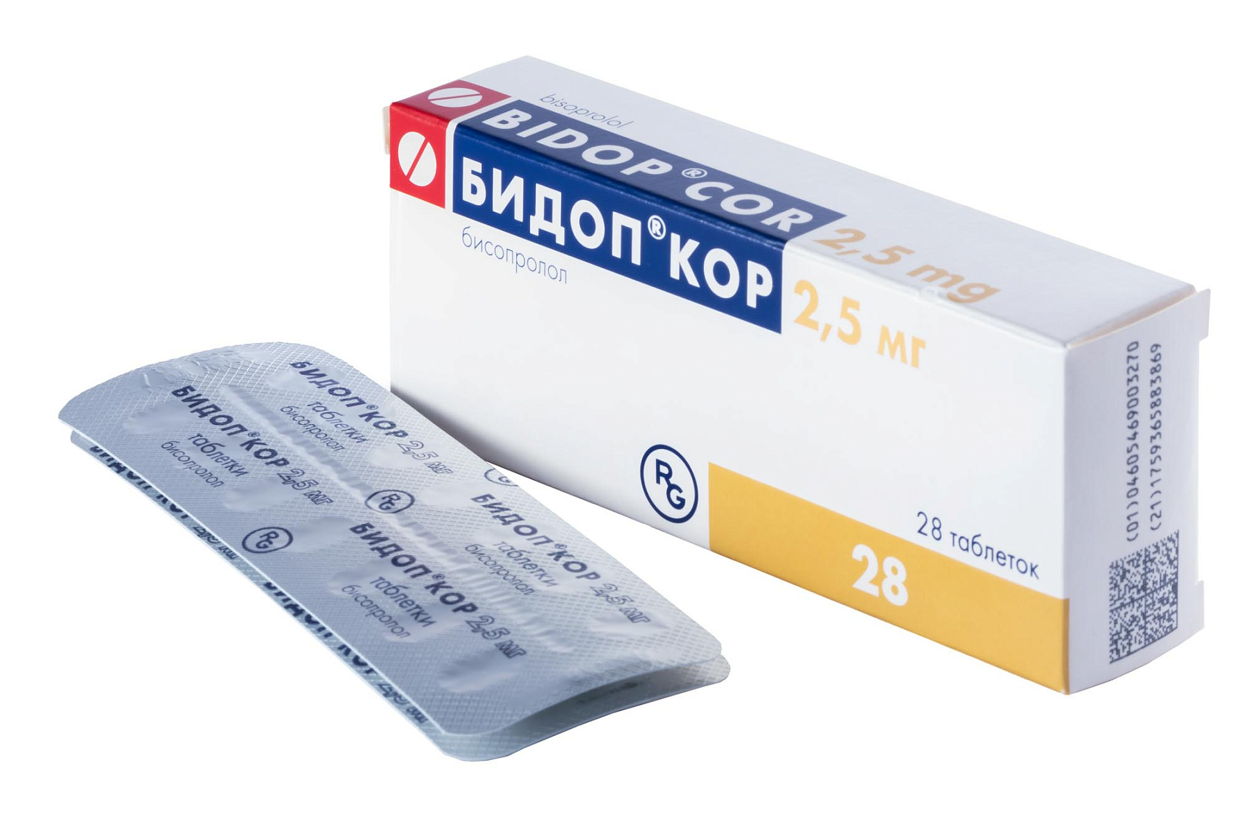 Упаковка препарата Бидоп Кор, таблетки 2,5 мг, 28 шт.