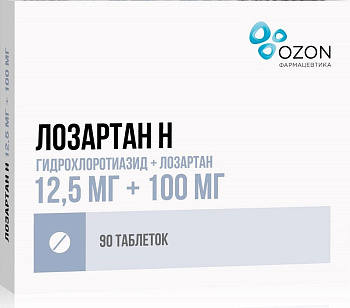 Лозартан Н, таблетки в пленочной оболочке 12,5 мг+100 мг, 90 шт. 