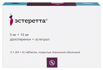 Эстеретта, таблетки, покрытые пленочной оболочкой 3 мг+15 мг, 84 шт. 