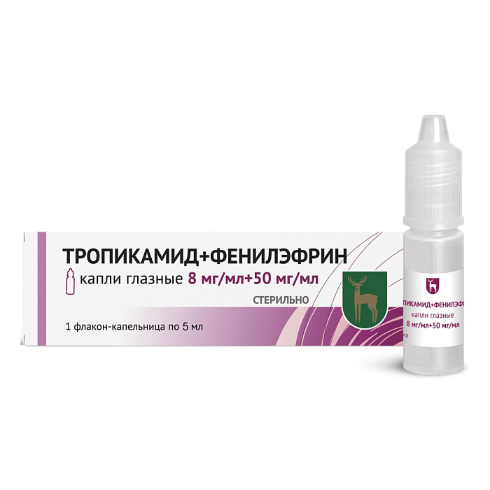 Тропикамид+Фенилэфрин, капли глазные 8 мг/мл +50 мг/мл флакон/капельница 5 мл, 1 шт. 