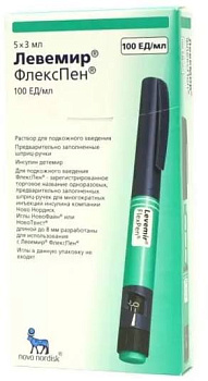 Левемир Флекс Пен, раствор для инъекций 100 ЕД/мл, шприц-ручки 3 мл, 5 шт. 