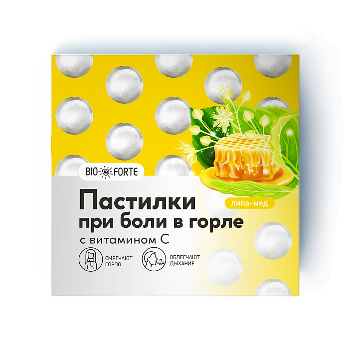 Пастилки при боли в горле BioForte (липа с медом), 9 шт.