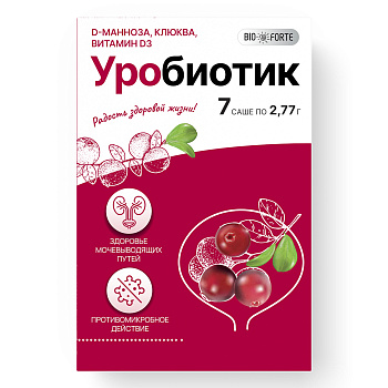 Д-манноза Уробиотик BioForte, порошок 2000 мг с экстрактом клюквы и витамином Д3, порошок саше, 7 шт.