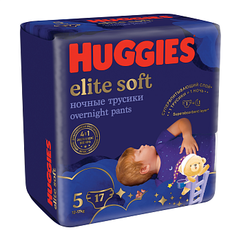 Huggies Elite Soft, подгузники-трусики ночные для детей, 5 размер (13-17 кг), 17 шт.
