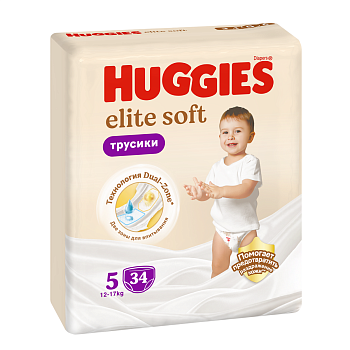 Huggies Elite Soft, подгузники-трусики для детей, 5 размер (12-17 кг), 34 шт.