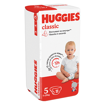 Huggies Classic, подгузники для детей, 5 размер (11-25 кг), 11 шт.