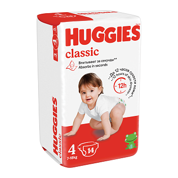 Huggies Classic, подгузники для детей, 4 размер (7-18 кг), 14 шт.